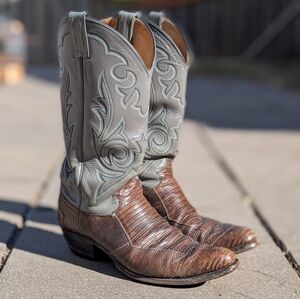 Vintage Justin Boots Lizard Leather Western Cowboy Boot Grey Brown Sz 8.5B Rare